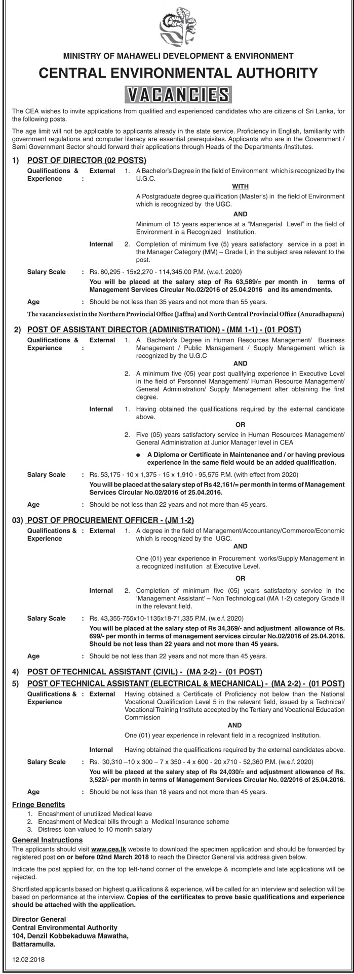 Director, Assistant Director (Administration), Procurement Officer, Technical Assistant (Civil, Electrical & Mechanical) - Central Environmental Authority